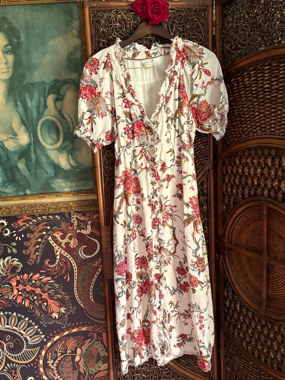 Pilcro Floral Cottagecore Midi Dress | Romantic Prairie Button Front US 8